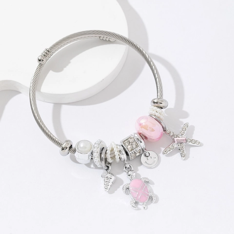 Ocean Theme Starfish Turtle Shell Charms Adjustable Bangle Bracelet Stainless Steel Wire Alloy Faux Artificial Pearl For Women
