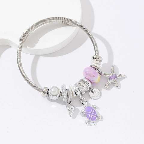 Ocean Theme Starfish Turtle Shell Charms Adjustable Bangle Bracelet Stainless Steel Wire Alloy Faux Artificial Pearl For Women