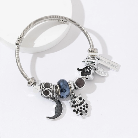 Stainless Steel Wire Bangle Bracelet With Owl Moon Charms Rhinestone Beaded Handmade Tag Jewelry For Women