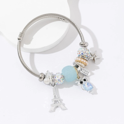 Eiffel Tower Owl Star Beaded Bracelet For Women Alloy Rhinestone Faux Artificial Pearl DIY Style Twined Wire Bangle Jewelry