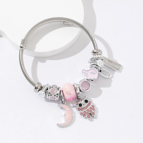 Stainless Steel Wire Bangle Bracelet With Owl Moon Charms Rhinestone Beaded Handmade Tag Jewelry For Women
