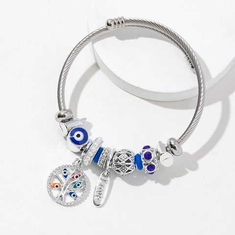Bracciale Con Ciondoli Albero Della Vita Malocchio Filo Acciaio Inossidabile Lega Strass Smalto Regolabile Donna