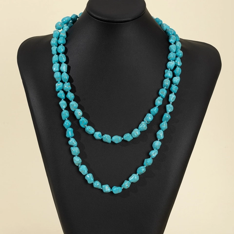 Collana Vintage Perle Di Turchese Irregolari Lunga Catena Per Maglione Annodata A Mano Stile Bohémien Etnico Da Donna
