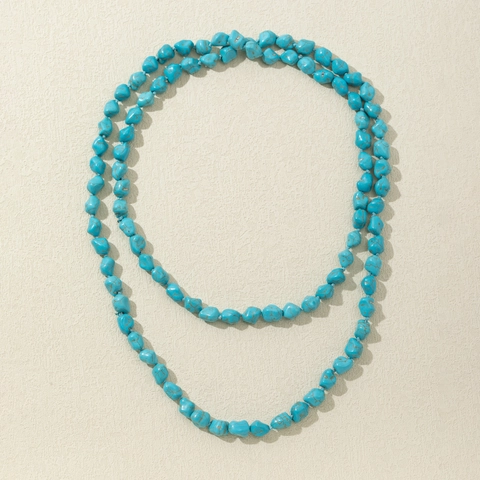 Collana Vintage Perle Di Turchese Irregolari Lunga Catena Per Maglione Annodata A Mano Stile Bohémien Etnico Da Donna