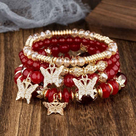 Bohemian Mehrlagiges Perlenarmband Legierung Glasperle Schmetterling Anhänger Elastisch Ethno Vintage Schmuck Damen