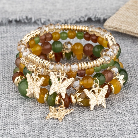 Bohemian Mehrlagiges Perlenarmband Legierung Glasperle Schmetterling Anhänger Elastisch Ethno Vintage Schmuck Damen