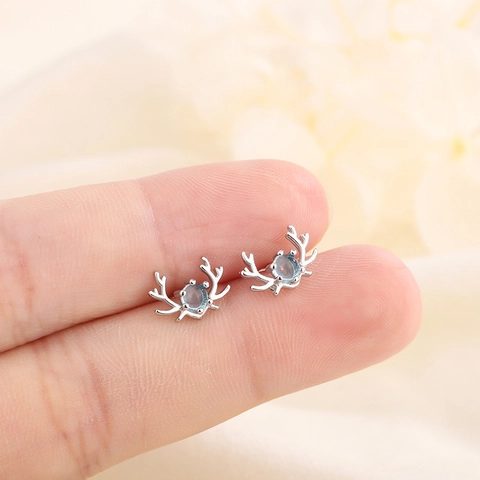 Reindeer Antler Stud Earrings Copper Silver Plated Blue Faux Moonstone Animal Jewelry For Women Girls Simple Elegant