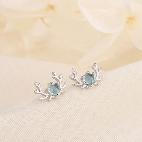 Reindeer Antler Stud Earrings Copper Silver Plated Blue Faux Moonstone Animal Jewelry For Women Girls Simple Elegant