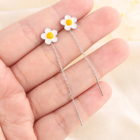 Pendientes De Rosca Con Borla De Flor Margarita Con Poste De Plata De Ley 925 Cobre Esmalte Dulce Fresco Para Mujer