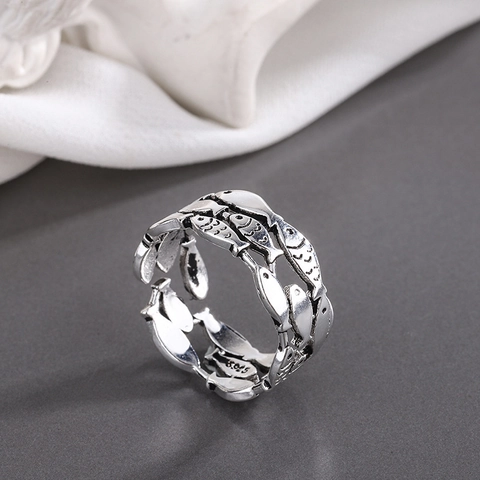 Retro Oxidized Silver Plated Copper Adjustable Ring Vintage Little Fish Design Ethnic Jewelry For Women And Men