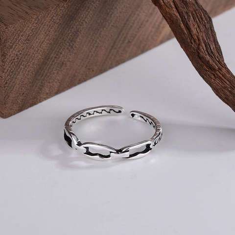 Vintage Copper Hollow Chain Ring Retro Distressed Silver Color Open Adjustable Punk Jewelry For Women And Men