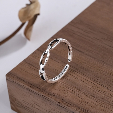 Vintage Copper Hollow Chain Ring Retro Distressed Silver Color Open Adjustable Punk Jewelry For Women And Men