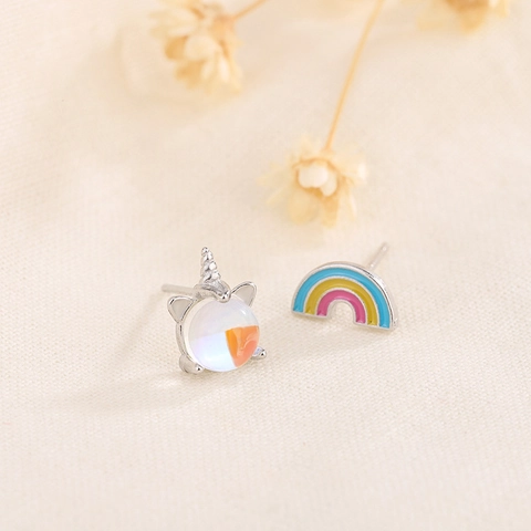Einhorn Und Regenbogen Asymmetrische Ohrstecker Kupfer Emaille Synthetischer Mondstein Schmuck Damen