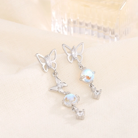 Butterfly Tassel Drop Earrings Asymmetric Copper Zircon Moonstone With 925 Sterling Silver Earring Post Elegant For Women