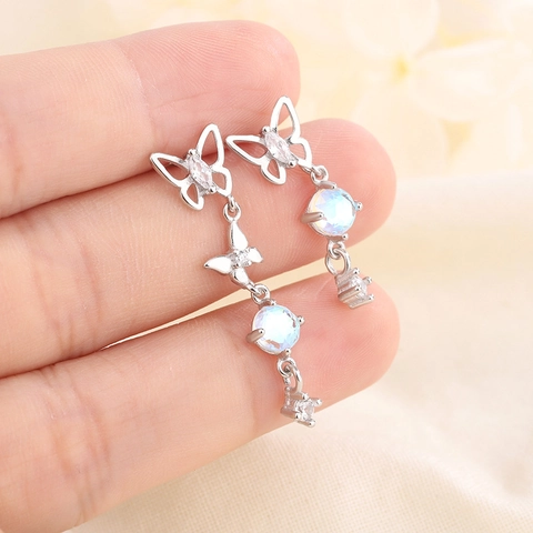 Butterfly Tassel Drop Earrings Asymmetric Copper Zircon Moonstone With 925 Sterling Silver Earring Post Elegant For Women