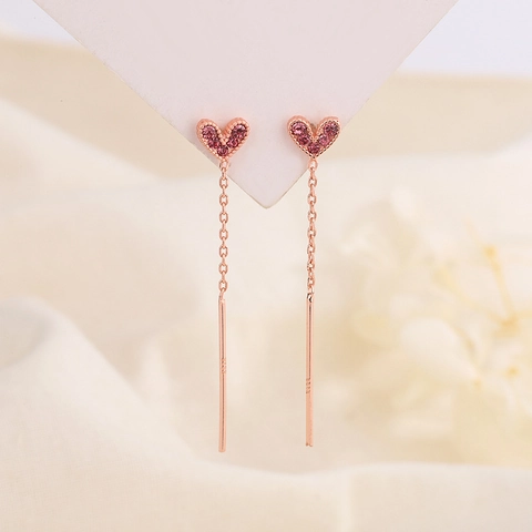 Pink Heart Long Ear Threader Earrings Copper With 925 Sterling Silver Earring Post Sweet Zircon Jewelry For Women