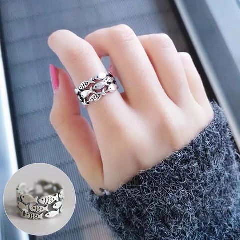 Retro Oxidized Silver Plated Copper Adjustable Ring Vintage Little Fish Design Ethnic Jewelry For Women And Men