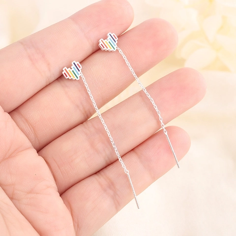Rainbow Pixel Heart Ear Threader Earrings With 925 Sterling Silver Earring Post Colorful Enamel Long Chain Jewelry For Women