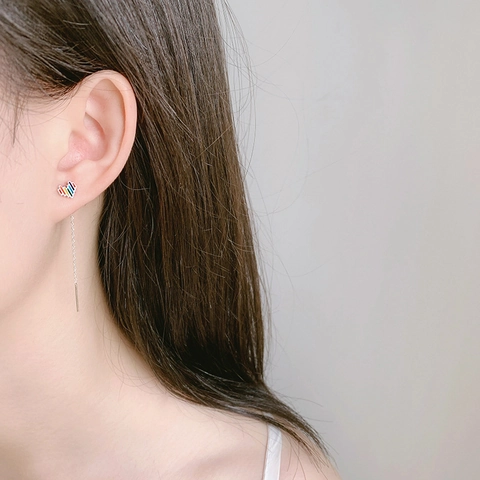 Rainbow Pixel Heart Ear Threader Earrings With 925 Sterling Silver Earring Post Colorful Enamel Long Chain Jewelry For Women