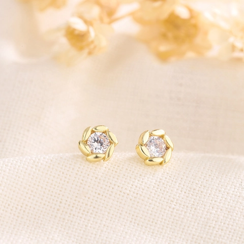 Squisiti Mini Orecchini a Bottone a Fiore Con Perno in Argento Sterling 925 Rame Placcato Oro Zirconia Per Donna