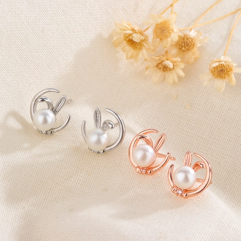Rabbit Artificial Pearl Stud Earrings Copper Zirconia Moon Design Sweet Korean Style Jewelry For Women