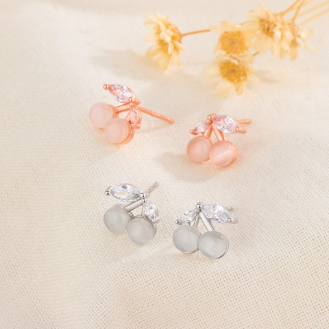 Kers Knopoorbellen Koper Kattenoog Zirkoon Zoete Minimalistische Sieraden Voor Dames Met Zilveren Oorbelpost