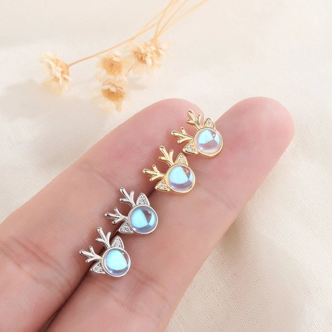 Pendientes De Botón Alce Reno De Cobre Cristal Estilo Piedra De Luna Irisada Circón Joyas Regalo Navidad Mujeres