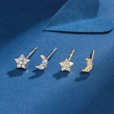 Star Moon Asymmetric Stud Earrings Copper Metal Micro Zirconia Inlaid Tiny Dainty Jewelry For Women