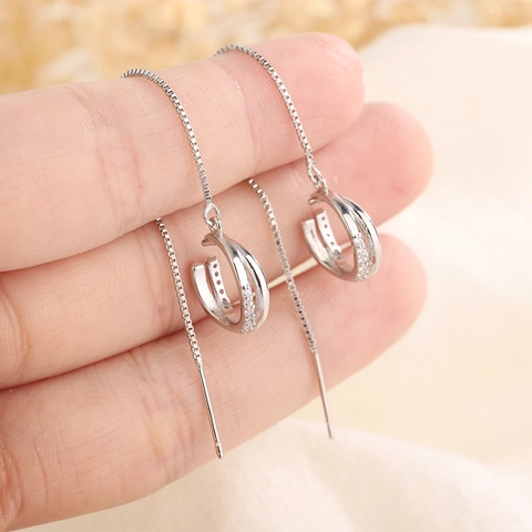 Lange Kwastje Doortrek Oorbellen Vervlochten Dubbele Cirkel Zirkoon Koperen Sieraden Met 925 Sterling Zilveren Oorknopje Elegant Vrouwen