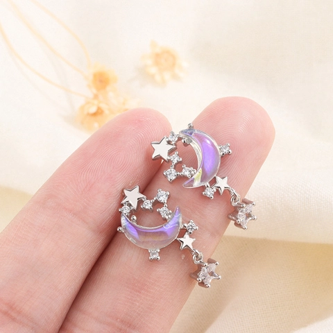 Boucles Oreilles Pendantes Lune Étoile Pierre Irisée Zircone Avec Tige En Argent Sterling 925 Bijoux Pour Femmes
