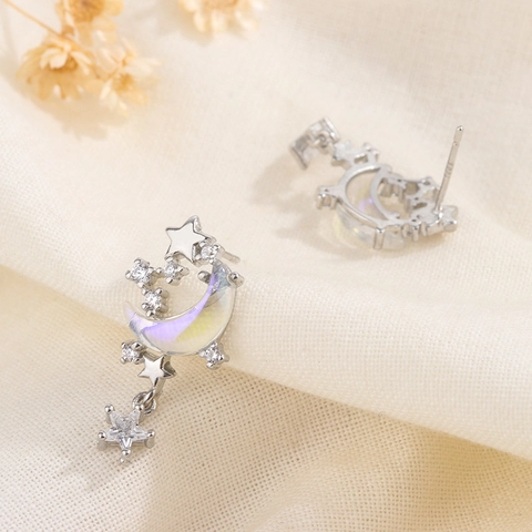 Boucles Oreilles Pendantes Lune Étoile Pierre Irisée Zircone Avec Tige En Argent Sterling 925 Bijoux Pour Femmes