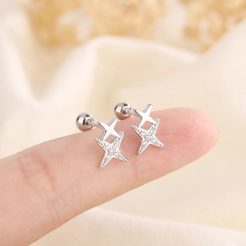 Boucles D'Oreilles Étoile Double Scintillantes Avec Tige En Argent Sterling 925 Cuivre Zircone Fermoir À Vis Bijoux Femmes
