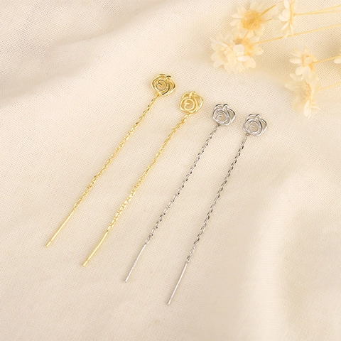 Orecchini A Filo Fiore Di Rosa Materiale Rame Con Silver Earring Post Catena Lunga Gioielli Per Donne Stile Elegante