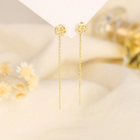 Orecchini A Filo Fiore Di Rosa Materiale Rame Con Silver Earring Post Catena Lunga Gioielli Per Donne Stile Elegante
