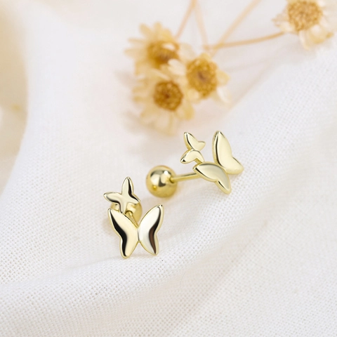 Butterfly Stud Earrings Copper Double Butterfly Screw Back Delicate Minimalist Ear Bone Nail Jewelry For Women