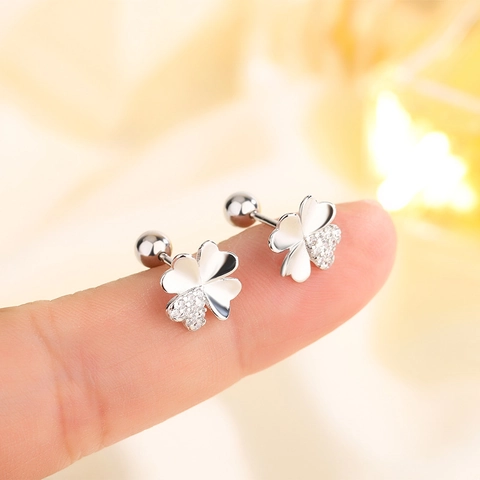 Klavertje Oorknopjes Koper Met Zilveren Stift En Zirconia Inlay Schroefsluiting Minimalistische Sieraden Voor Dames