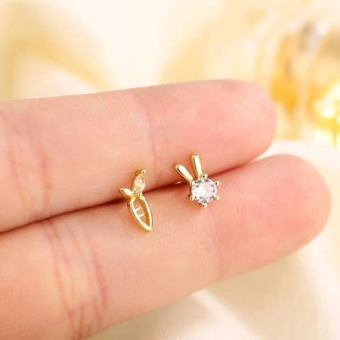 Bunny Rabbit And Carrot Asymmetric Stud Earrings Copper Gold Plated Cubic Zirconia Cute Fresh Style Jewelry For Women