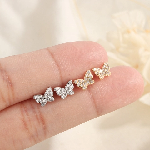 Butterfly Stud Earrings Shiny Cubic Zirconia Dainty Copper Jewelry With Silver Earring Post For Women Elegant