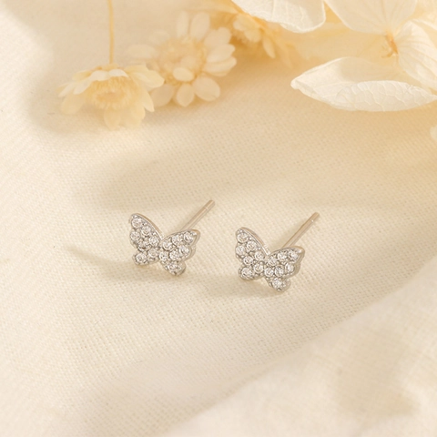Butterfly Stud Earrings Shiny Cubic Zirconia Dainty Copper Jewelry With Silver Earring Post For Women Elegant