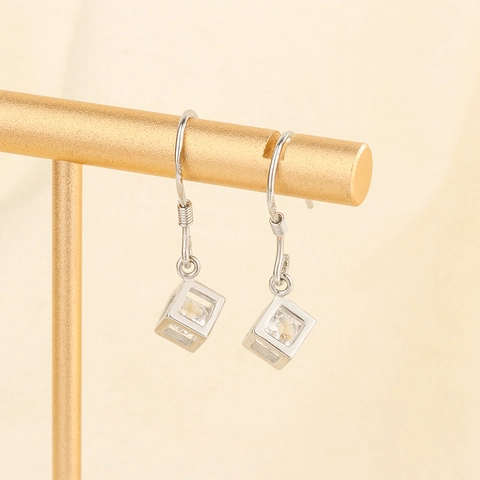 Boucles D'oreilles Pendantes Cube Géométrique Cuivre Avec Tige En Argent Sterling 925 Zircone Bijoux Femmes