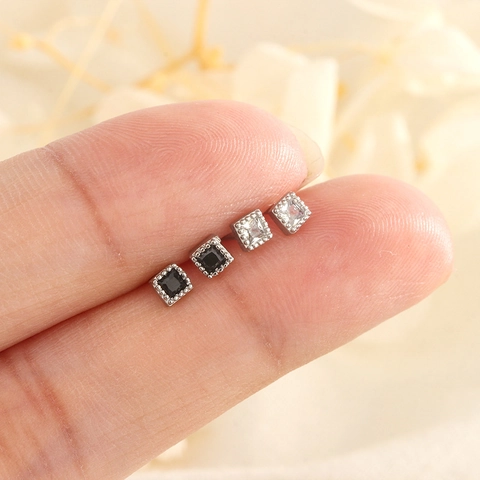Boucles d'Oreilles Clous Carrées en Zirconium Avec Tige en Argent Sterling 925 Pour Femme Élégant Géométrique Noir Blanc Mini Bijoux