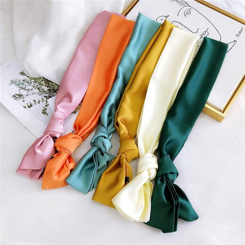 Dames Effen Kleur Smalle Lange Halssjaal Satijn Satijnachtig Mode Decoratieve Hoofdband Haarband Tas Accessoire