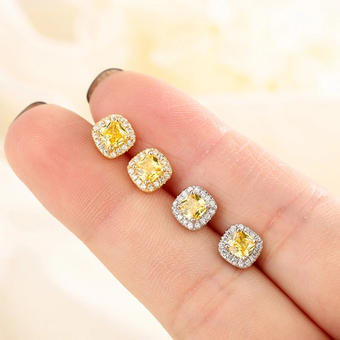 Boucles D Oreilles Stud Halo Carrées Cuivre Zircone Jaune Rétro Bijoux De Mode Pour Femmes Cadeau Élégant Raffiné