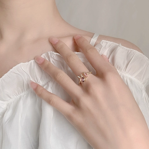 Süßer Hase Und Karotte Offener Ring Vergoldetes Kupfer Rosa Zirkonia Verstellbarer Ring Für Damen Mädchen Schmuck