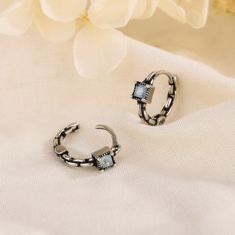 Boucles D'oreilles Huggie Hoop Pierre Précieuse Bleue Carrée Texture Chaîne Style Oxydé Rétro Bijoux Femmes