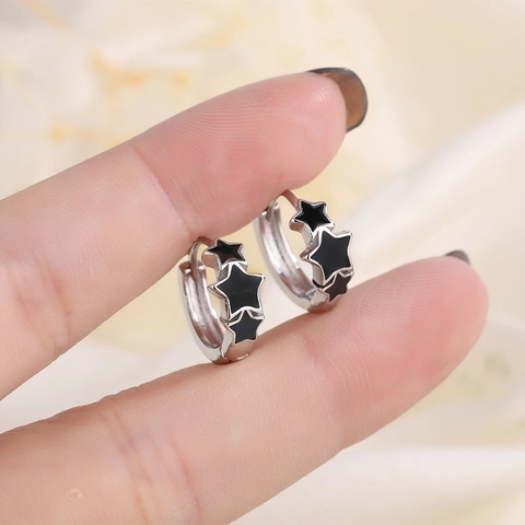 Copper Hoop Earrings With Black Enamel Five Pointed Stars Chic Minimalist Ear Buckle Jewelry For Women