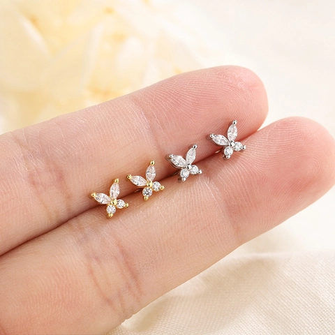 Butterfly Stud Earrings Copper Cubic Zirconia Marquise Cut Screw Ball Back Cartilage Piercing Elegant For Women