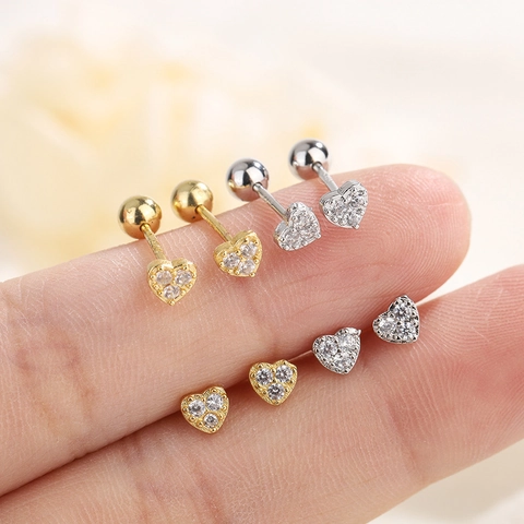 Heart Stud Earrings Copper With Zircon Inlaid Mini Small Ear Bone Studs Sweet Minimalist Jewelry For Women Screw Back