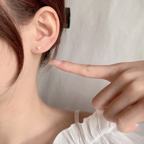 Heart Stud Earrings Copper With Zircon Inlaid Mini Small Ear Bone Studs Sweet Minimalist Jewelry For Women Screw Back