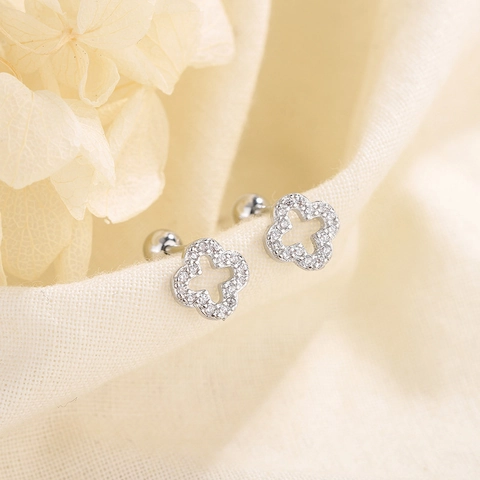 Hollow Four Leaf Clover Stud Earrings Copper Cubic Zirconia Inlaid Ball Screw Back Piercing Jewelry Sweet For Women